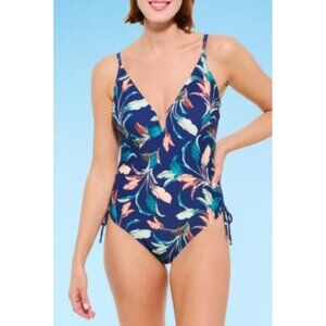 Mynah Navy Blue Floral V-Neck Side-Ties Medium Coverage One-Piece Swimsuit M NWT